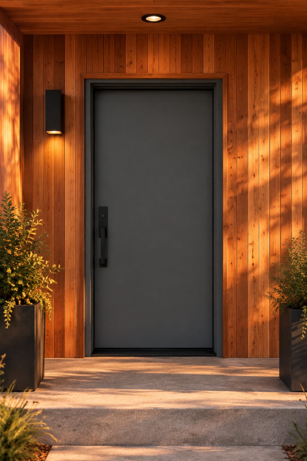 A modern home entryway with a charcoal front door, black handle, and warm wood siding.