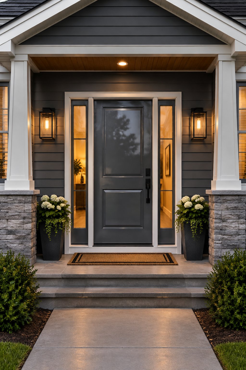 A contemporary home exterior with dark horizontal siding, a dark front door, and warm light glowing through narrow windows beside the door.