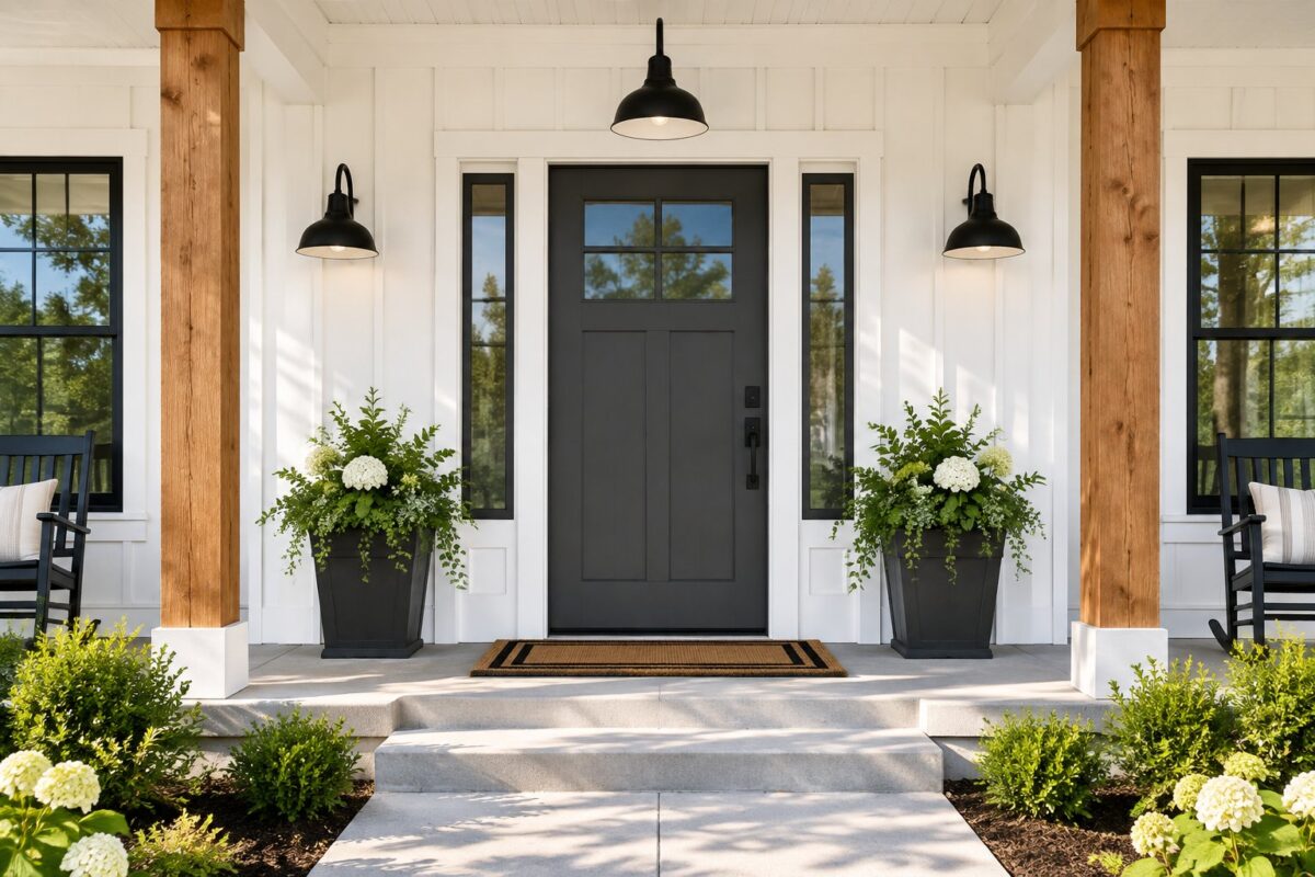 A farmhouse front porch with a dark gray door, white siding, cedar posts, and black lights.