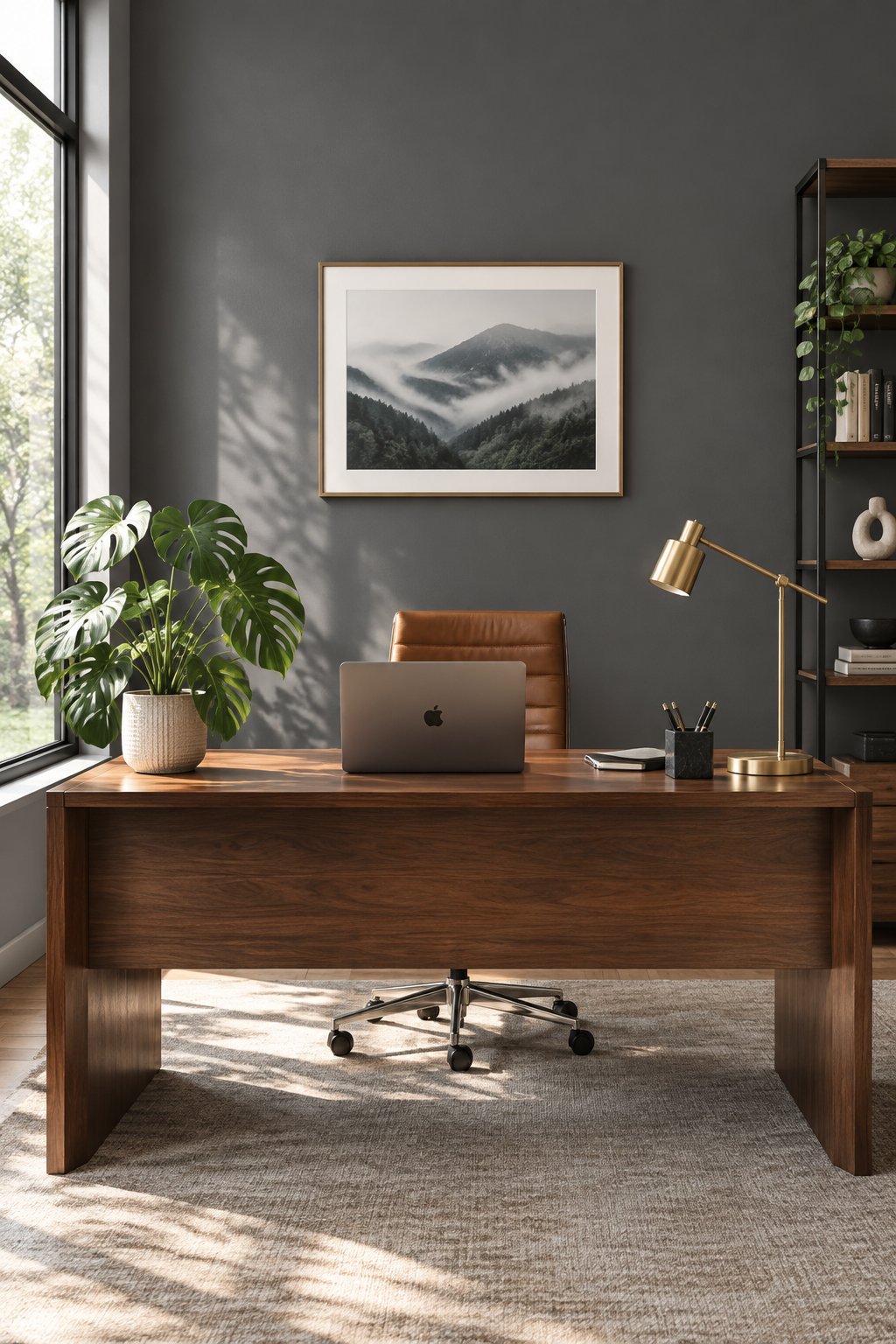 A modern home office with a dark gray accent wall, walnut desk, laptop, brass lamp, and green monstera plant.