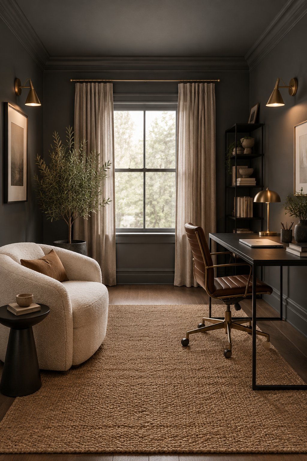 A cozy dark-painted home office with a cream armchair, black desk, and brass wall sconces.