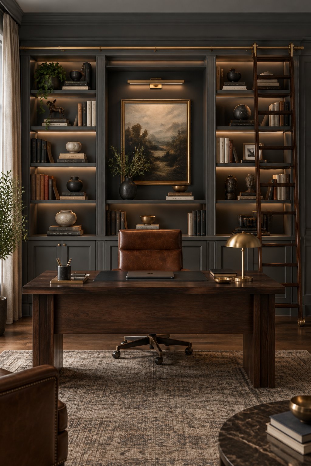 A home office with floor-to-ceiling dark built-in bookcases, books, decorative objects, lighting, and a library ladder.