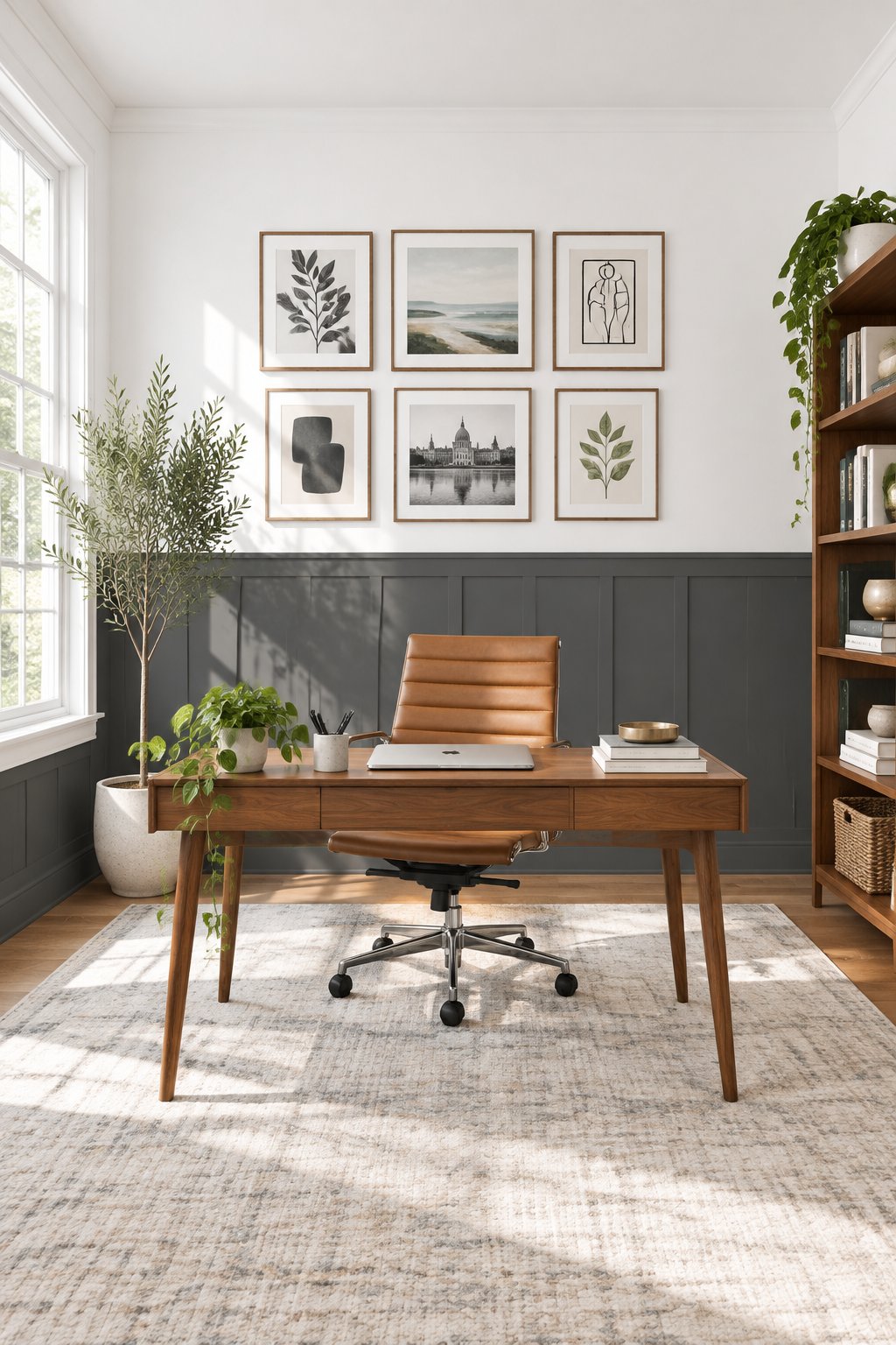 A bright home office with a wooden desk, leather chair, and two-tone paneled walls.
