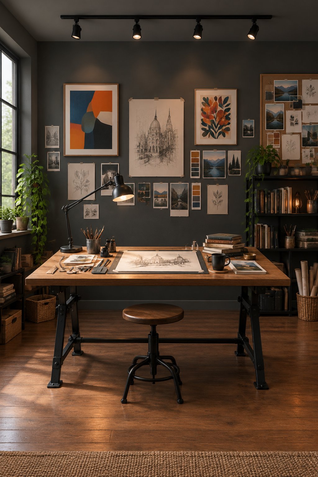 A creative home studio with charcoal walls, colorful artwork, a central wooden drafting table, art supplies, and black track lighting.