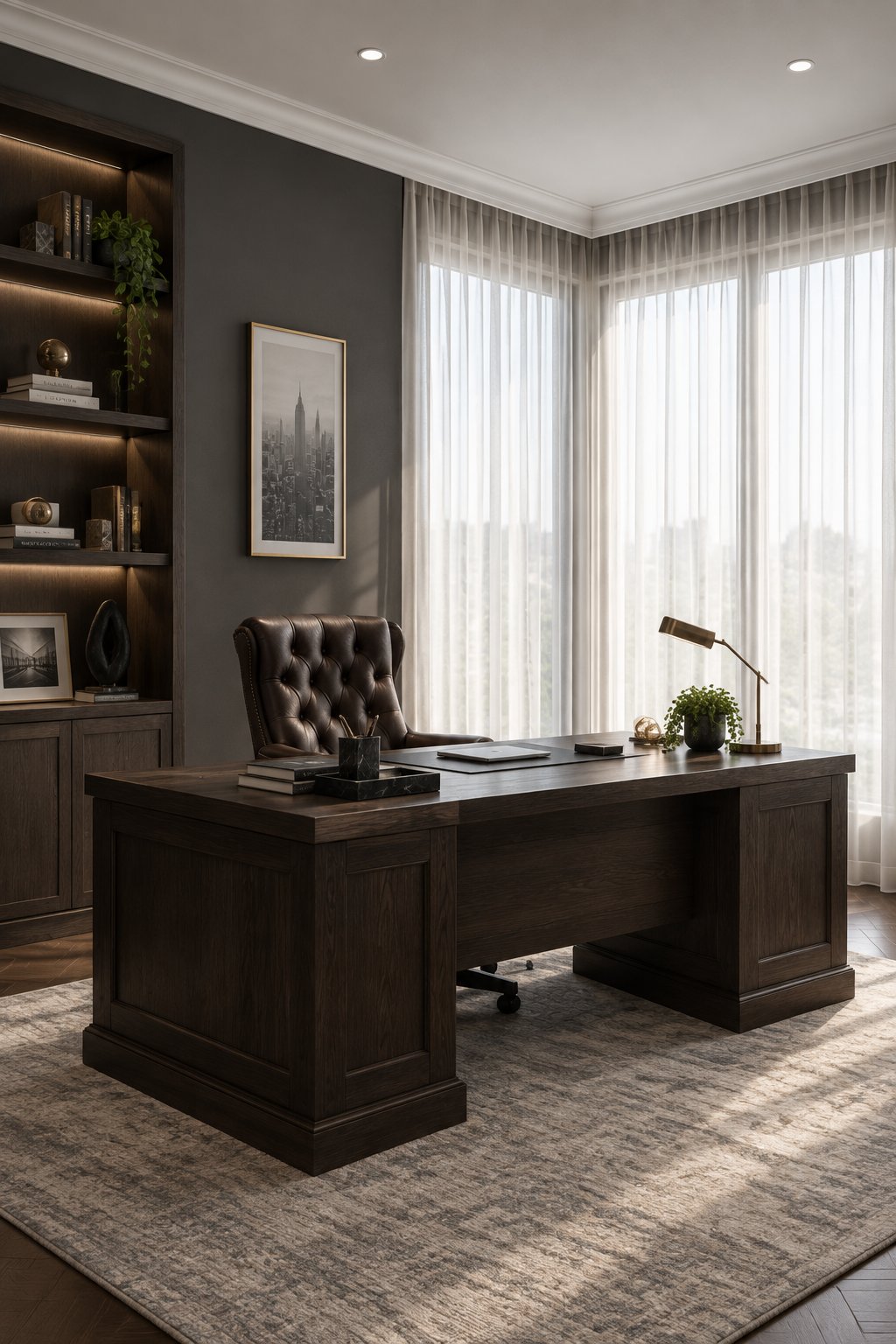 A luxurious corner home office with charcoal walls, a dark wooden desk, a tufted leather chair, and sheer curtains covering bright windows.