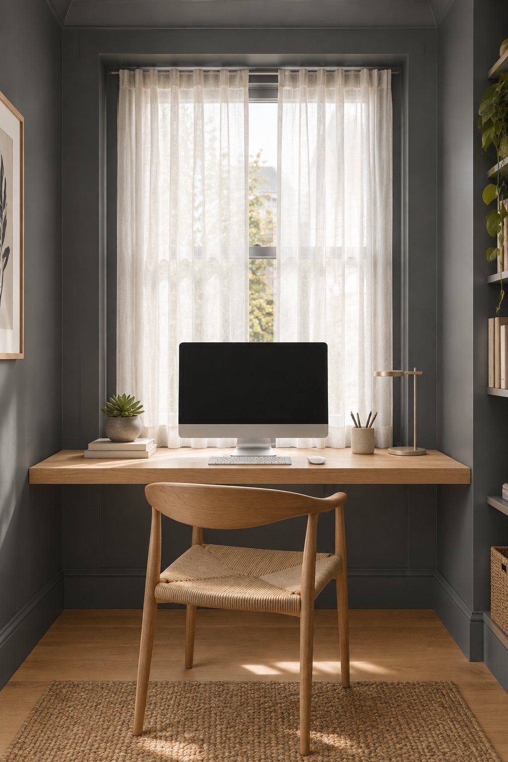 A cozy home office nook with a light wood desk beneath a window, a monitor, a small plant, dark gray walls, and sheer white curtains.