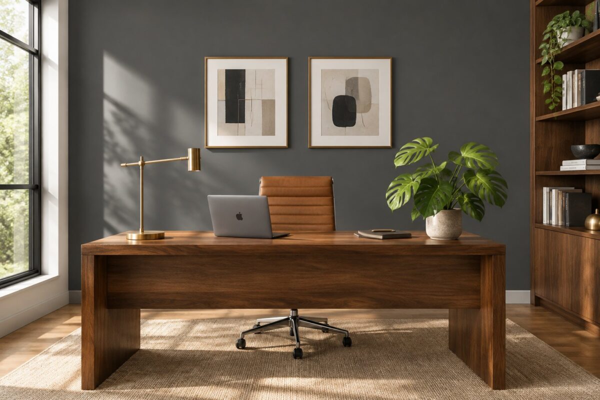 A modern home office with a dark gray accent wall, walnut desk, laptop, brass lamp, monstera plant, and sunlight from a side window.