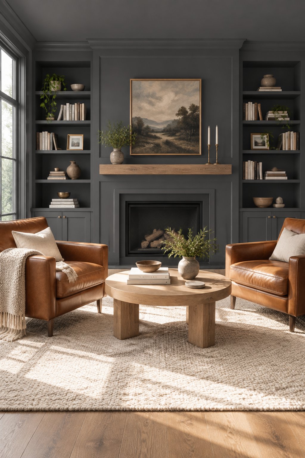 A bright living room with charcoal walls, built-in bookshelves, leather chairs, a cream rug, and wooden accents.