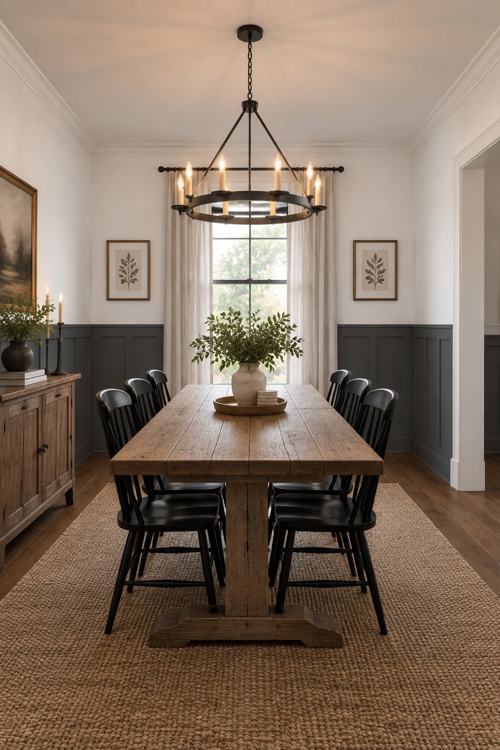 An elegant dining room with dark lower wall paneling, white upper walls, a wooden table, black chairs, and a chandelier.