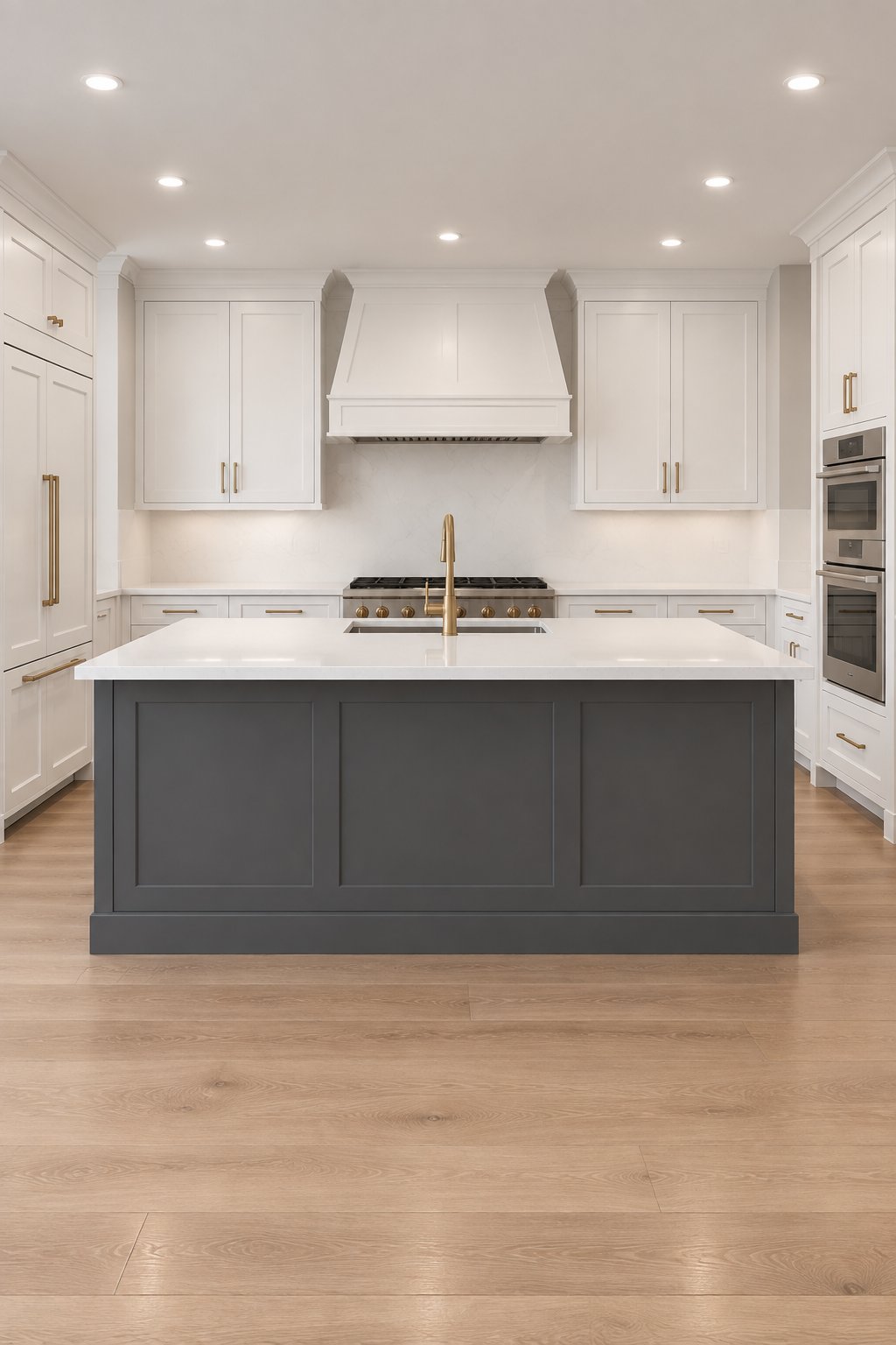 A bright kitchen with a large central island, white cabinets, and brass hardware.