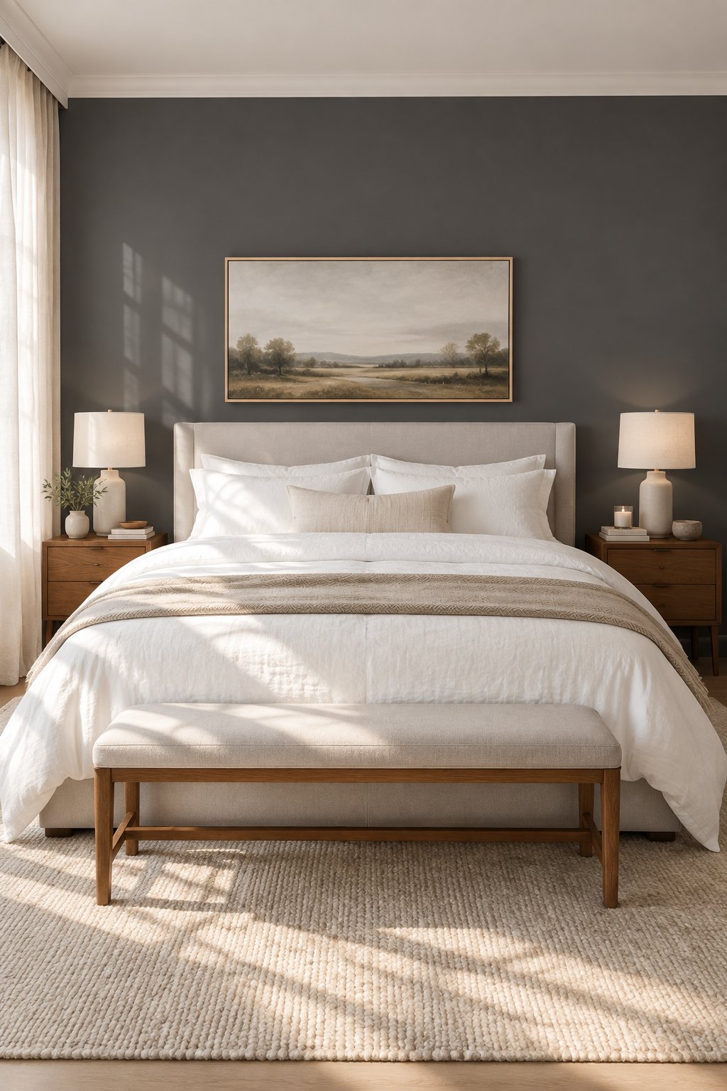 A serene master bedroom with a charcoal accent wall, a light gray upholstered headboard, white bedding, wood nightstands, and sunlight through linen curtains.