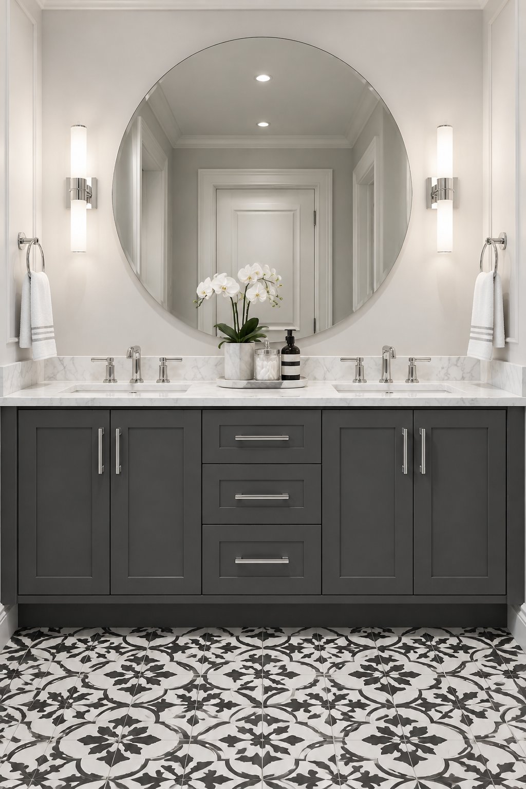 A luxurious bathroom with a double vanity, round mirror, chrome fixtures, and patterned floor tiles.