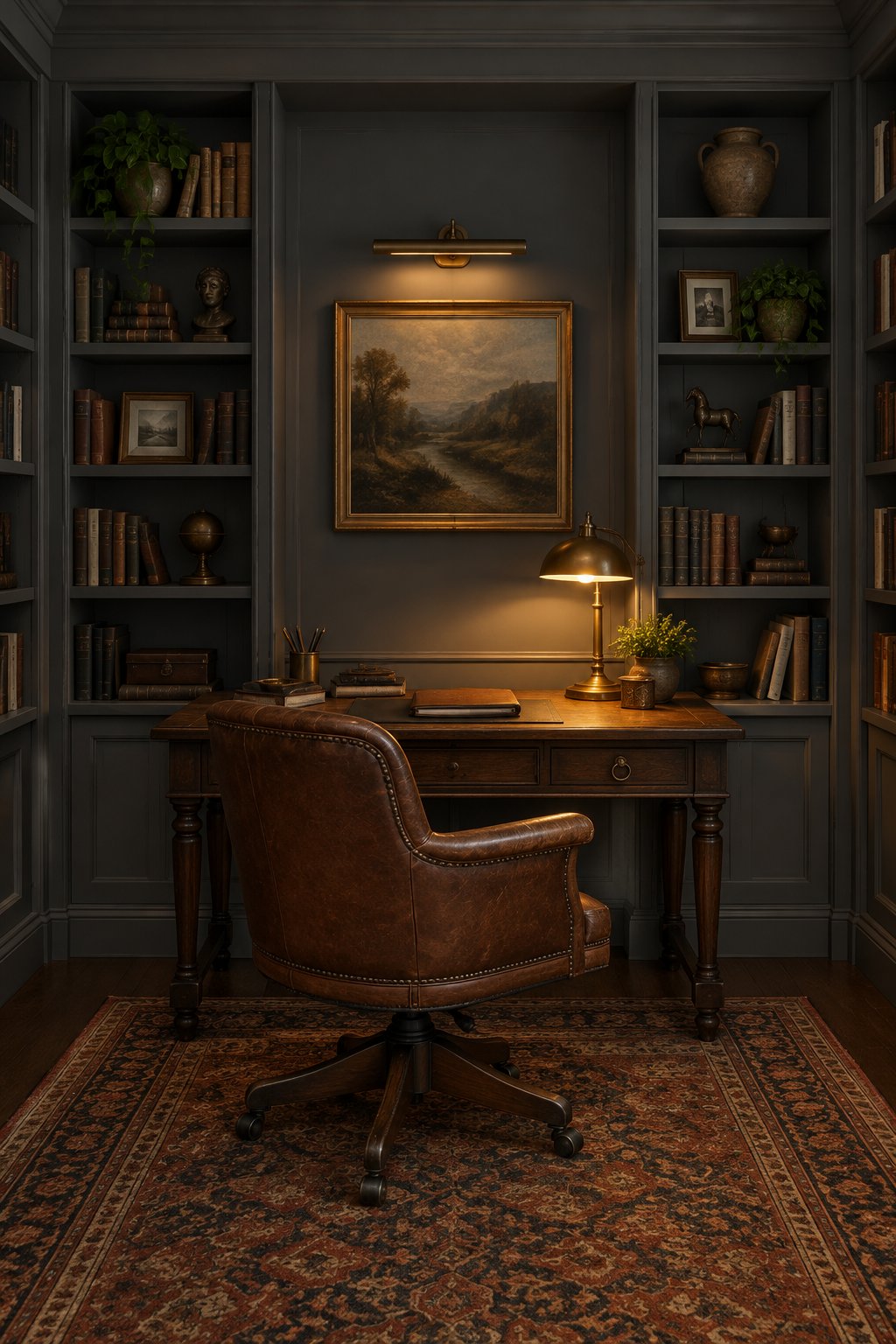 A cozy home office with charcoal built-in bookshelves, a dark wood desk, a leather chair, an antique rug, and a warm desk lamp.