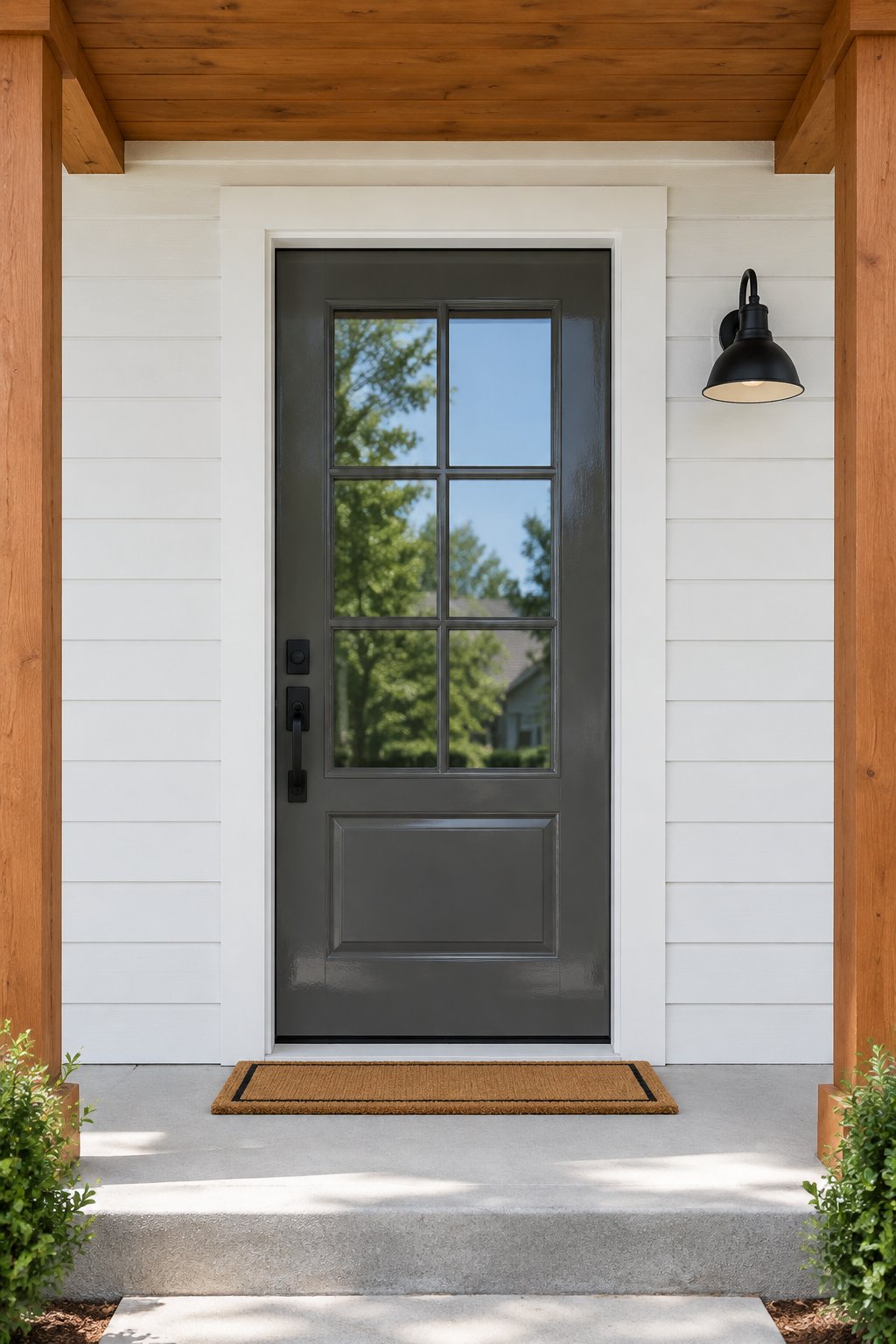 A modern home facade with a dark front door, white siding, cedar accents, and a black wall light.