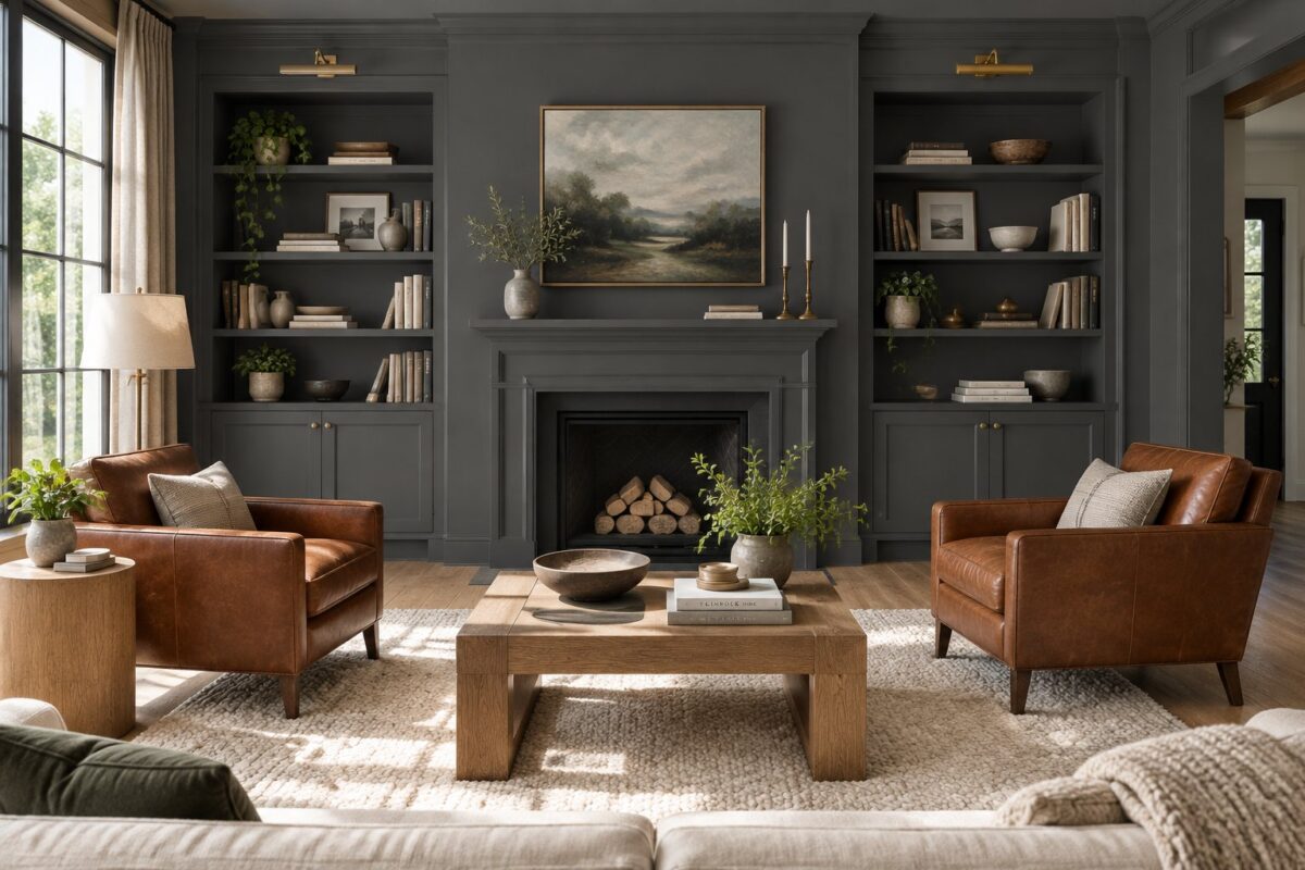 A living room with dark walls, built-in shelves, leather chairs, a light rug, wood accents, and a large window.