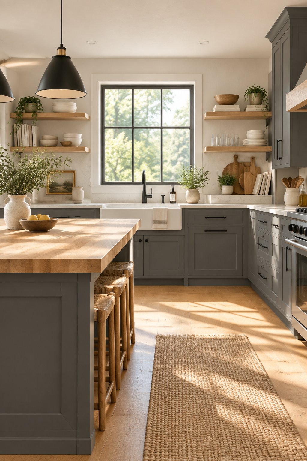 A bright kitchen with dark gray cabinets, wood shelves, a butcher block island, and sunlight through a large window.