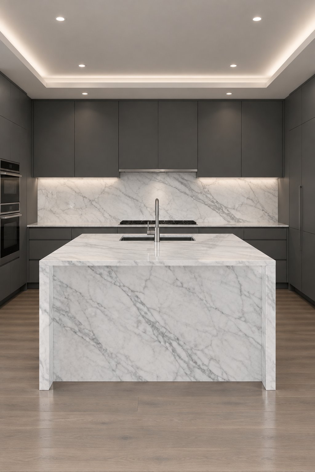 A modern kitchen with dark gray cabinets, a white marble island, and a matching marble backsplash.
