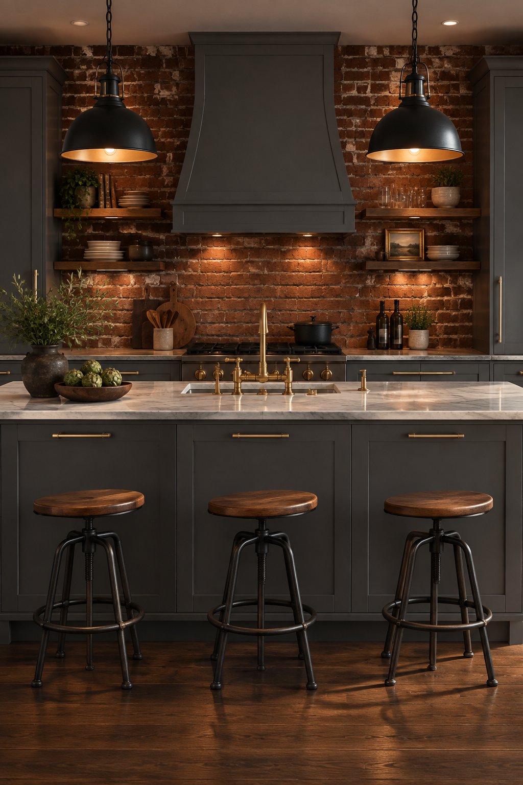 A kitchen with dark gray cabinets, a red brick wall, brass fixtures, and black pendant lights.