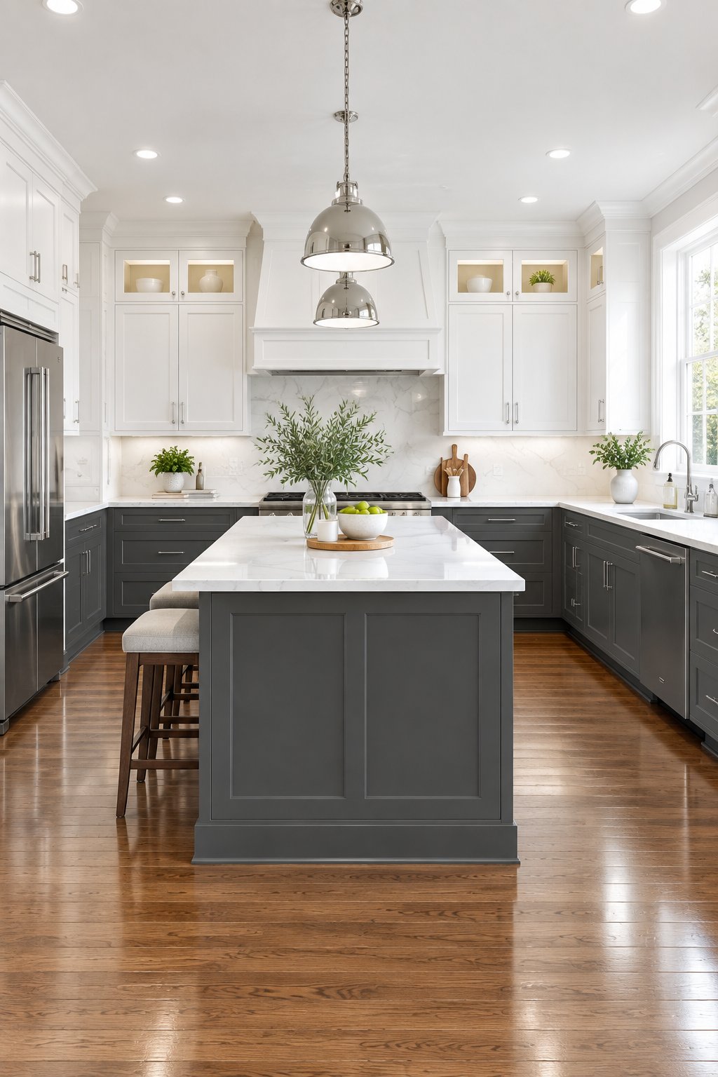 A spacious kitchen with gray lower cabinets, a central island, white walls, light countertops, and hardwood floors.