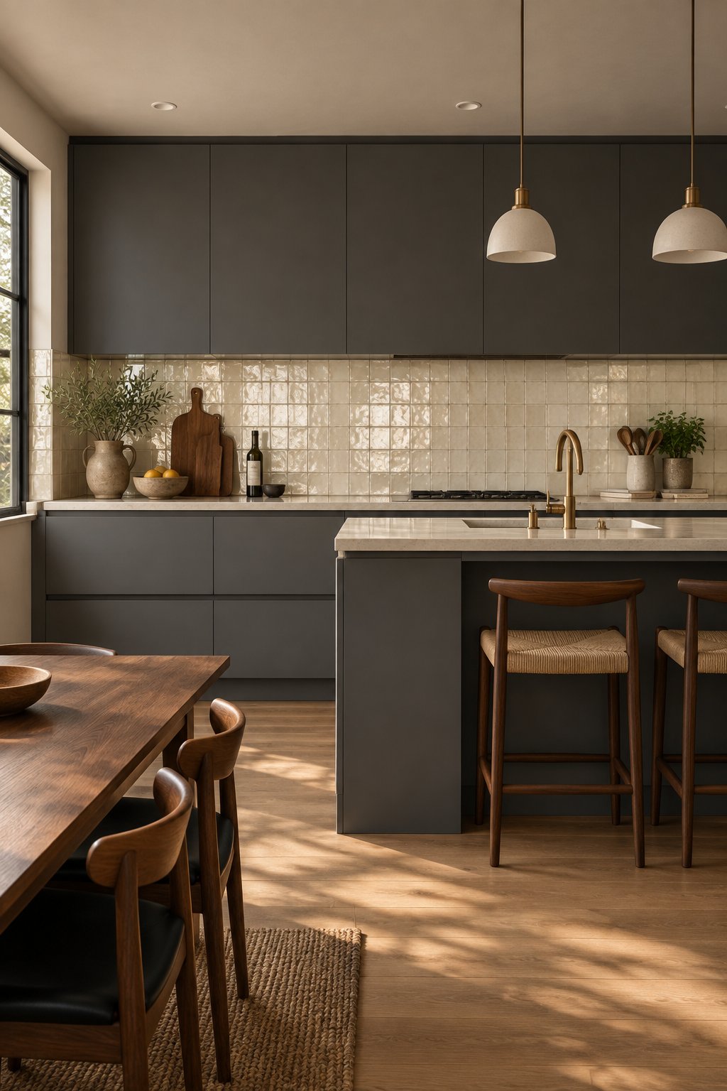 A modern kitchen with dark gray handleless cabinets, a cream tiled backsplash, and natural daylight.