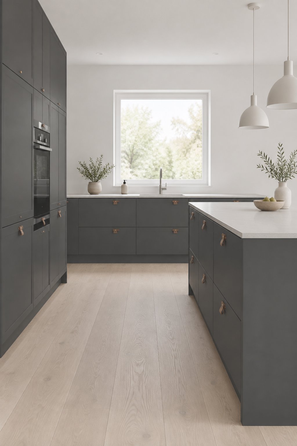 A minimalist kitchen with dark gray cabinets, pale wood flooring, white walls, and leather cabinet pulls.