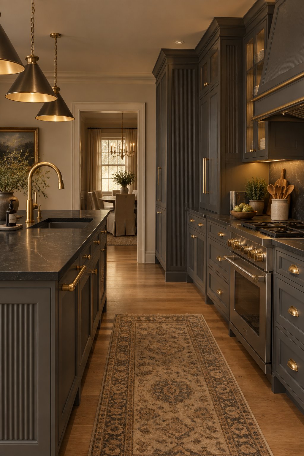 A refined kitchen with dark gray cabinets, gold hardware, dark countertops, and an arched brass faucet.