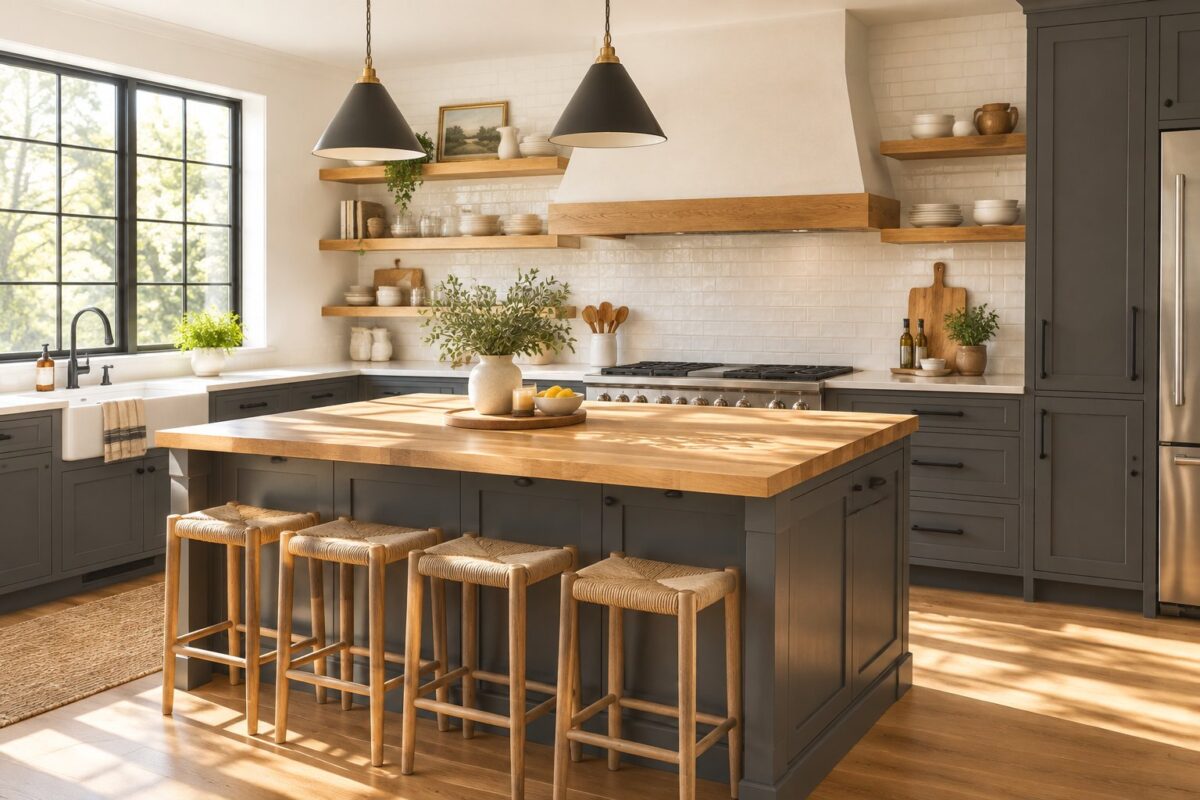 A bright kitchen with dark gray cabinets, wood shelving, a butcher block island, and sunlight through a large window.