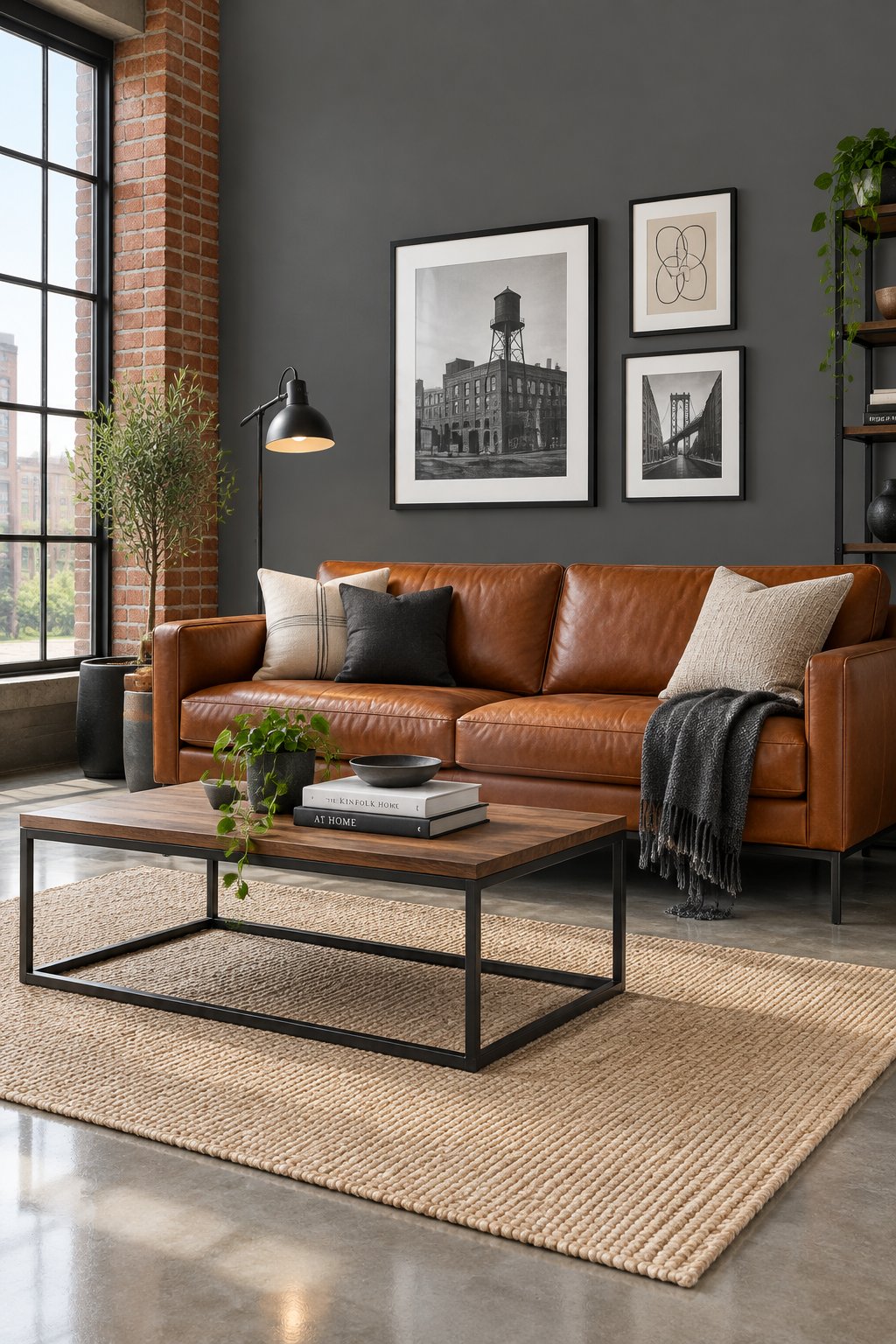A bright living room with a leather sofa, brick pillar, large windows, and a concrete floor.