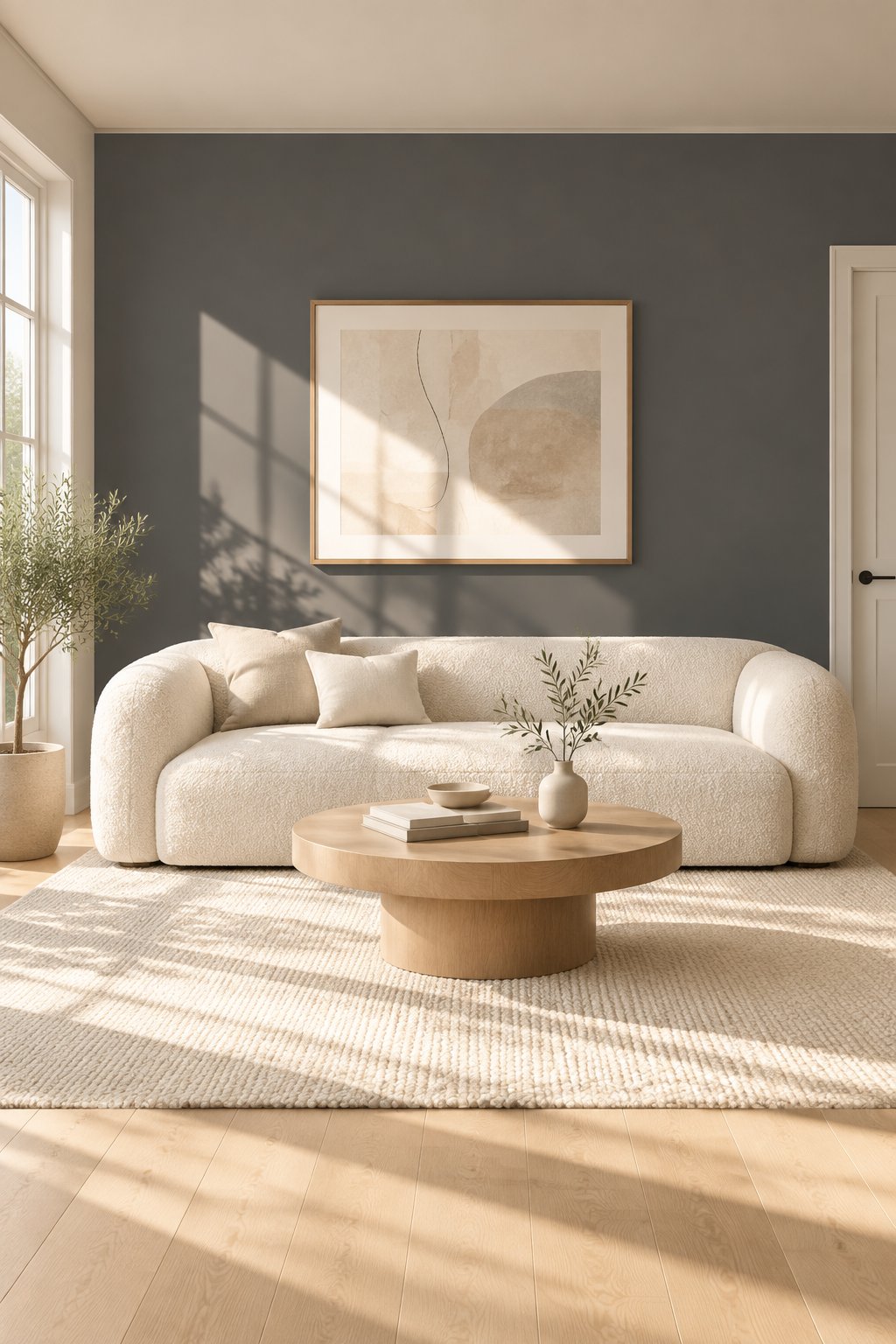 A sunlit living room with a dark gray accent wall, light wood flooring, a cream sofa, and neutral artwork.