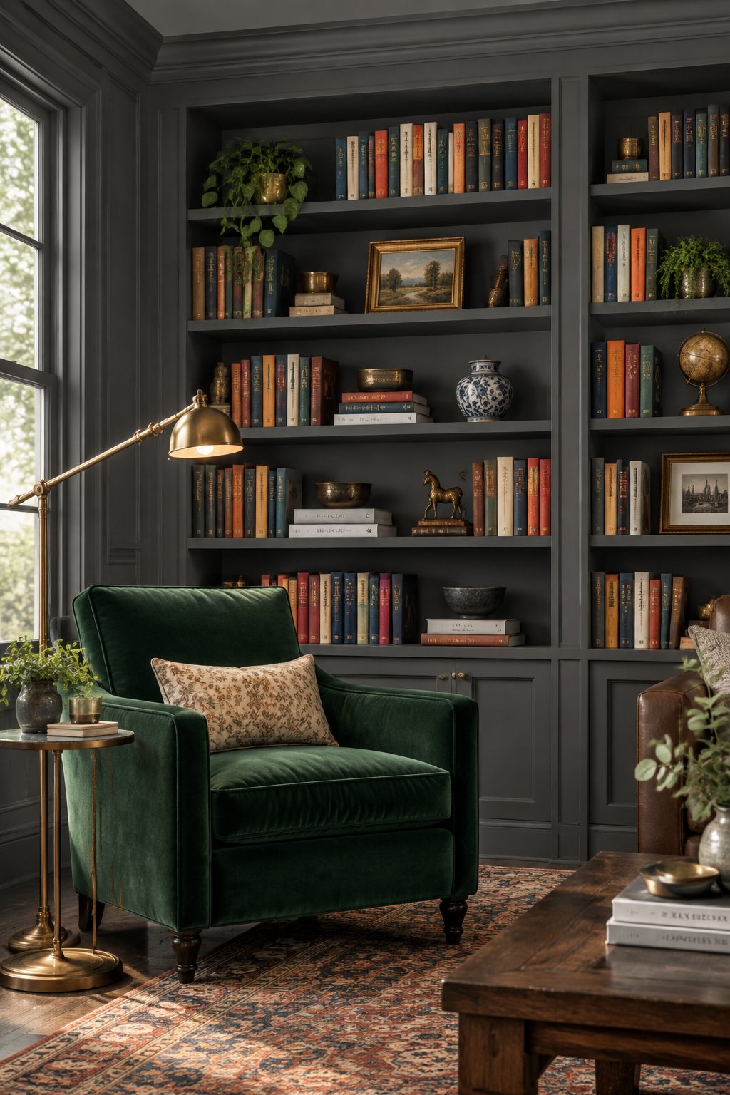 A cozy living room library with dark gray walls, built-in bookshelves, an emerald green armchair, and a brass reading lamp.