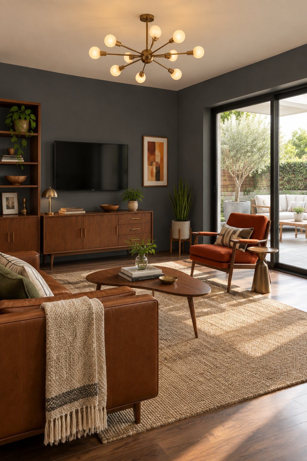 A living room with dark gray walls, wood cabinetry, an orange chair, a brass ceiling light, and glass doors opening to a bright patio.