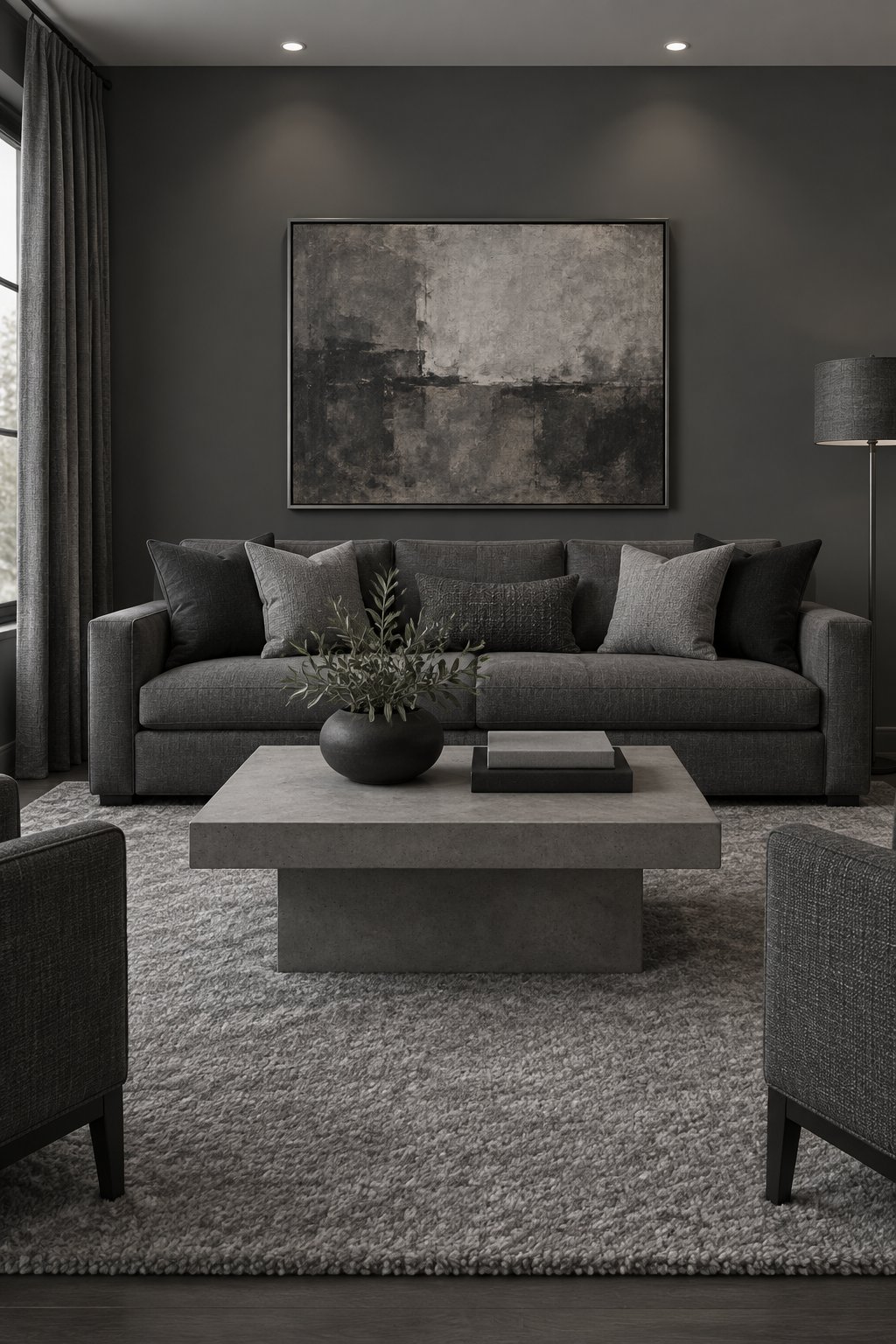 A monochromatic living room with dark gray walls, curtains, a light gray rug, and a concrete coffee table.