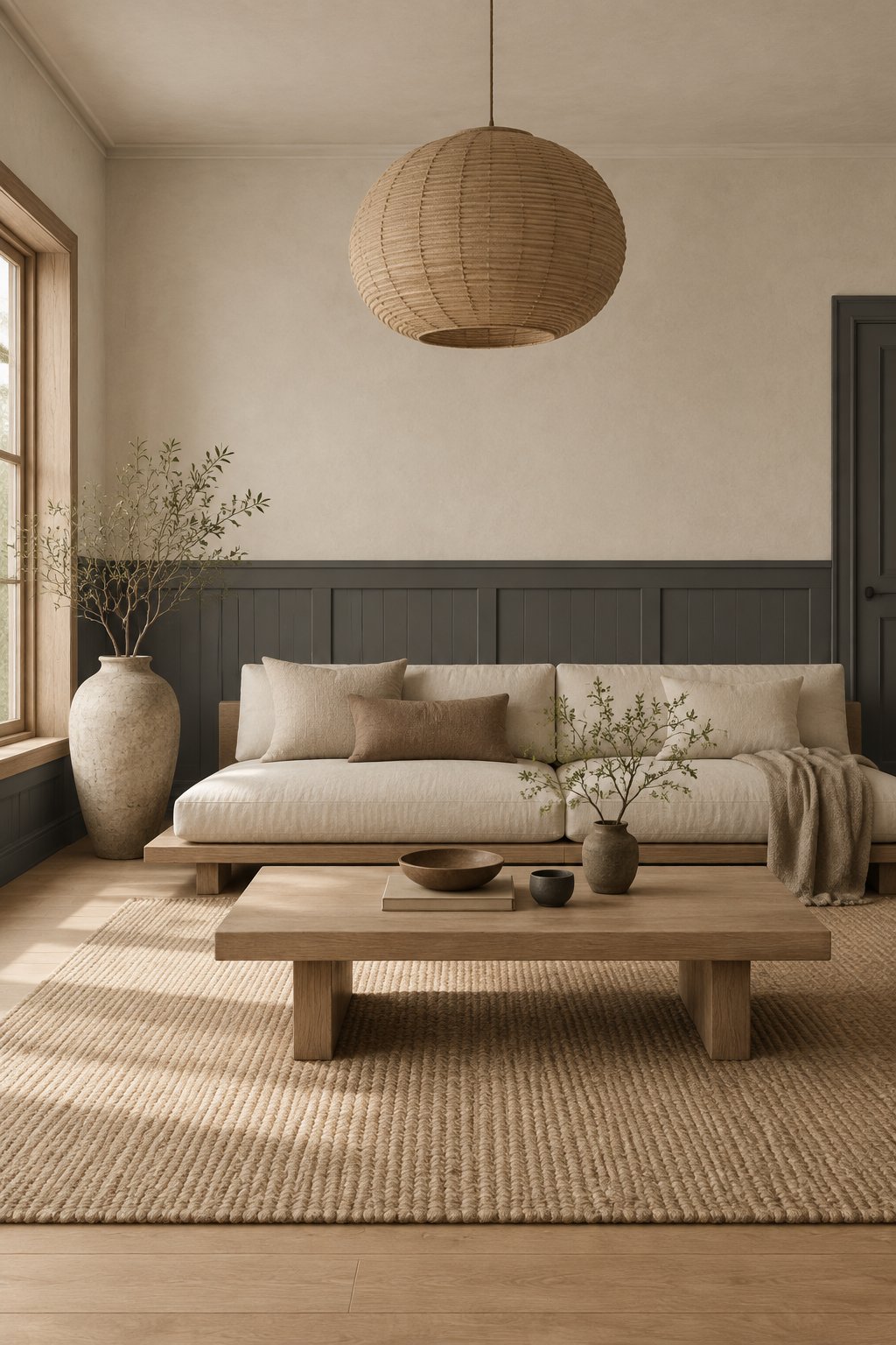 A calm living room with paneled walls, a wooden sofa, a large ceramic vase, and a hanging pendant lamp.