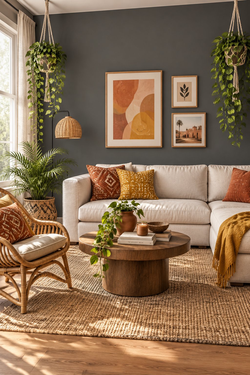 A bright living room with dark gray walls, green plants, a woven chair, and colorful pillows.