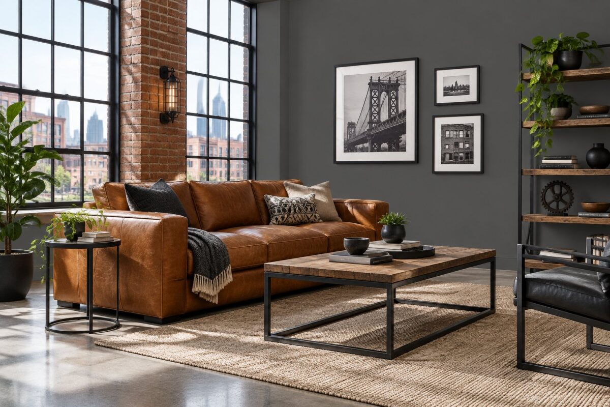 A bright living room with a leather sofa, brick pillar, large windows, and a concrete floor.