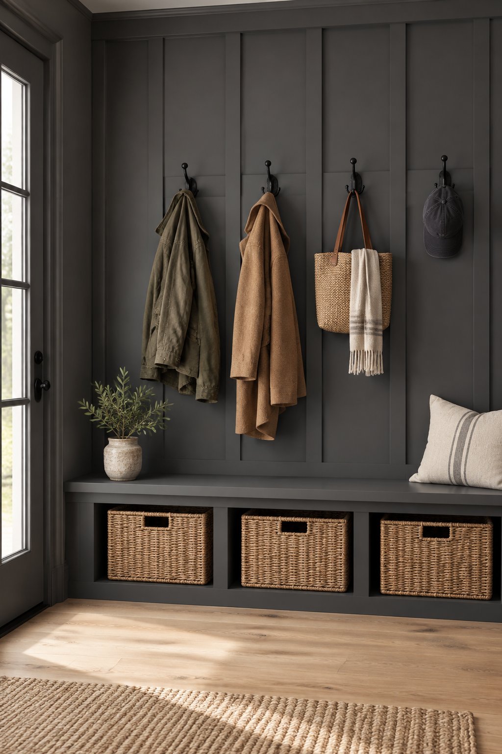 A mudroom with paneled walls, a bench, coats on hooks, baskets, and wood flooring.