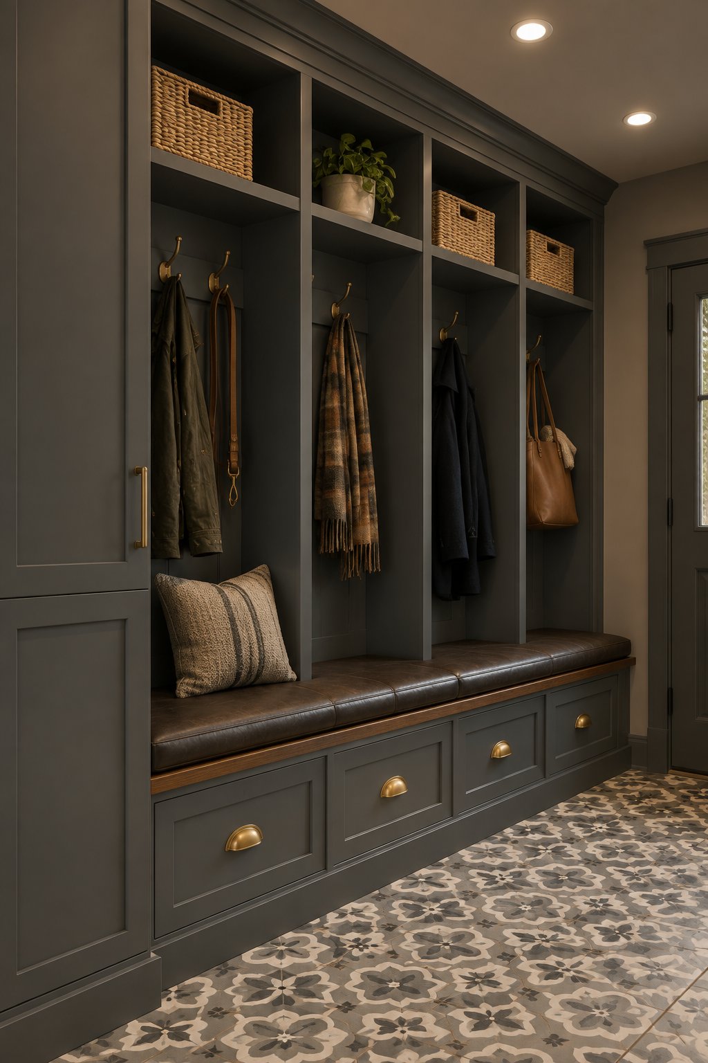 A mudroom with built-in gray lockers, cubbies, drawers, and a bench.