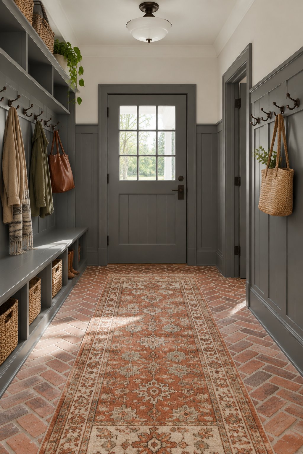 A bright mudroom with paneled walls, coat pegs, a patterned runner rug, and brick flooring.