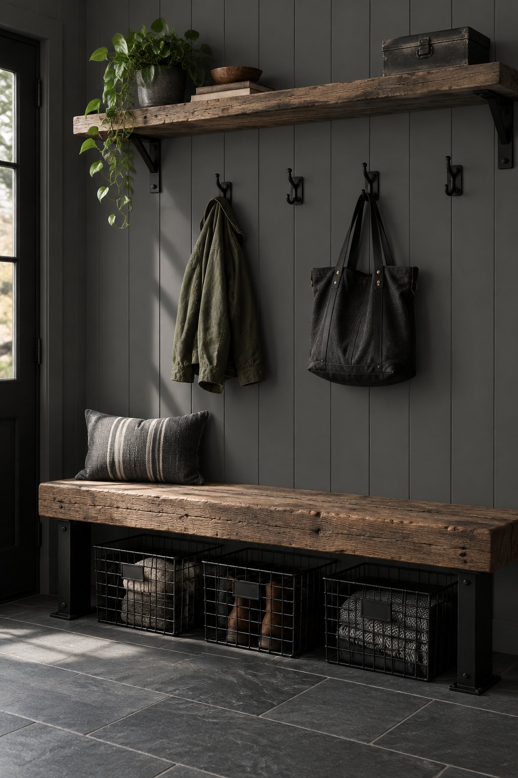 A mudroom with gray paneled walls, a wooden bench, black storage baskets, and slate-gray floor tiles.