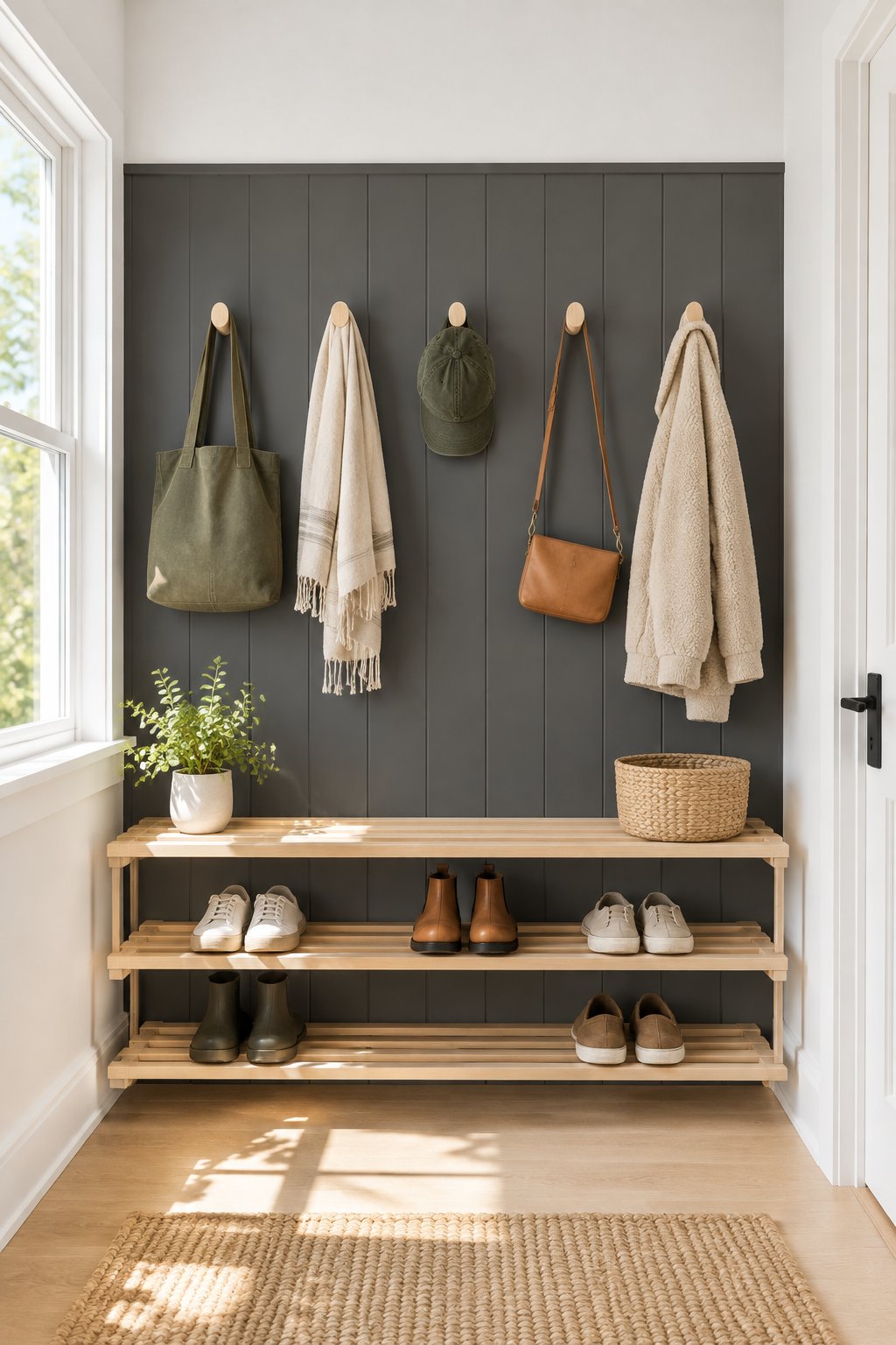 A bright mudroom with a paneled gray wall, wooden hooks, shoe shelves, white walls, and daylight.