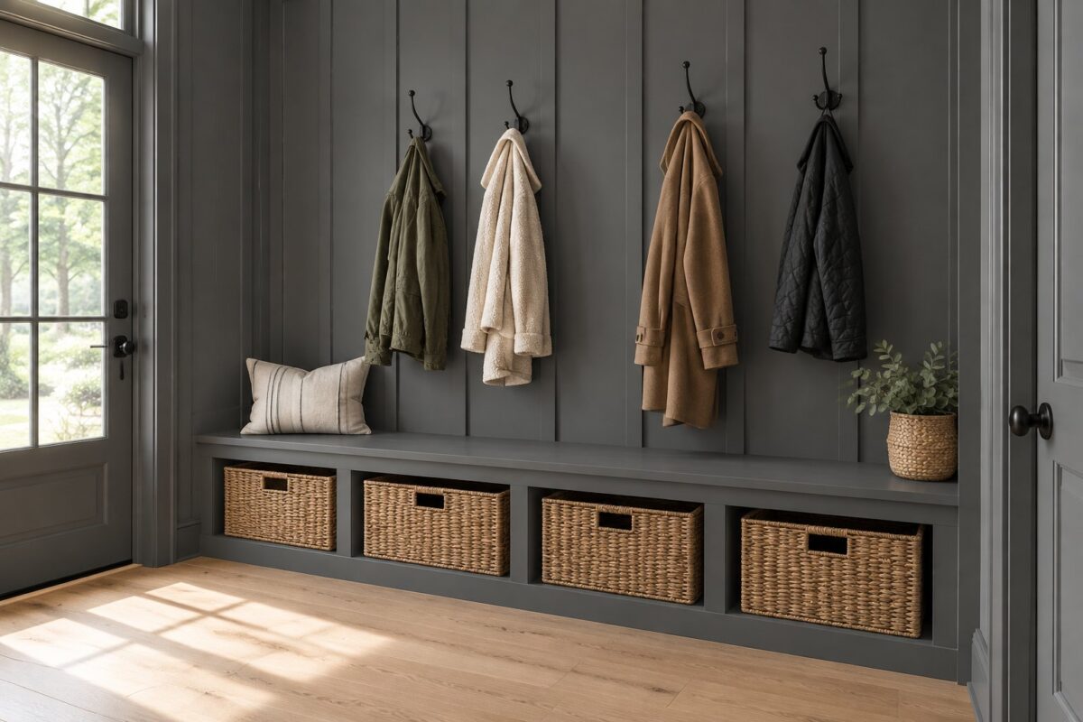A bright mudroom with dark paneled walls, a bench, coats on hooks, baskets, and wood flooring.
