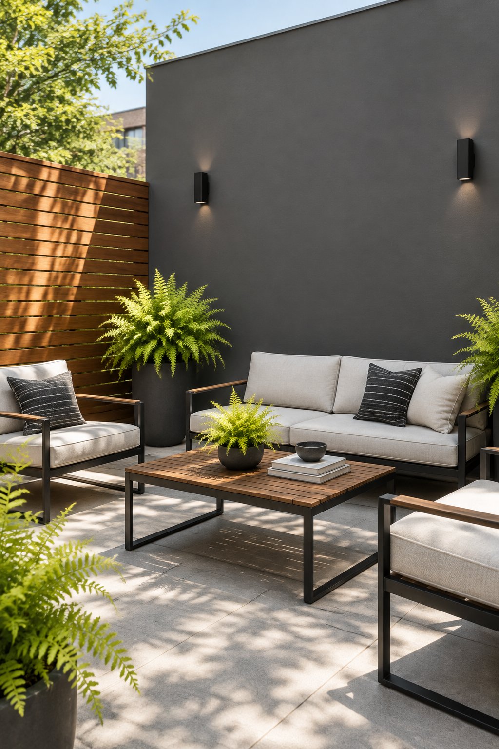 A sunlit urban courtyard patio with a charcoal accent wall, wood fencing, black furniture, and chartreuse potted ferns.