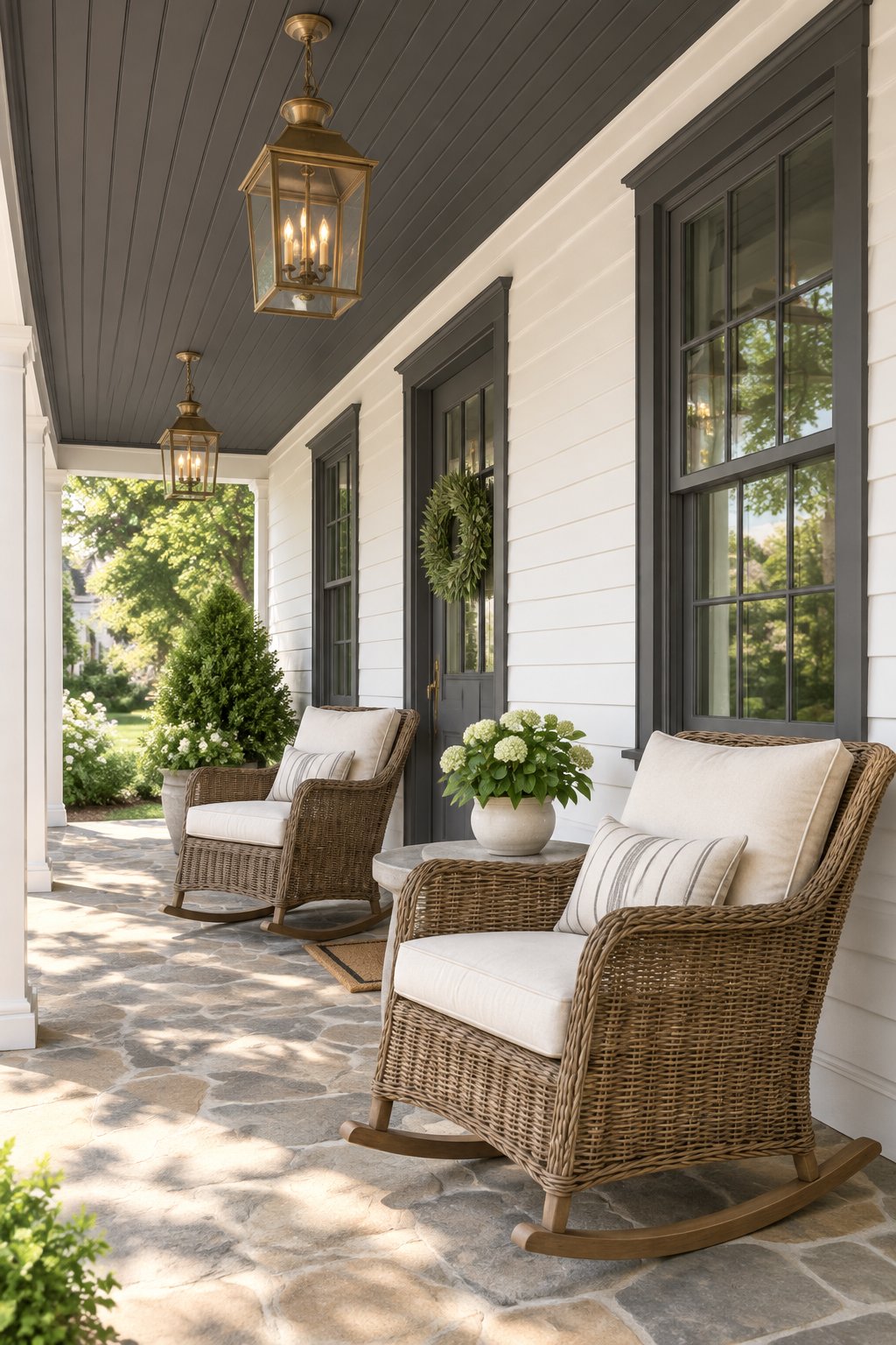 A welcoming suburban front porch with dark trim, white siding, rocking chairs, stone flooring, and hanging lanterns.