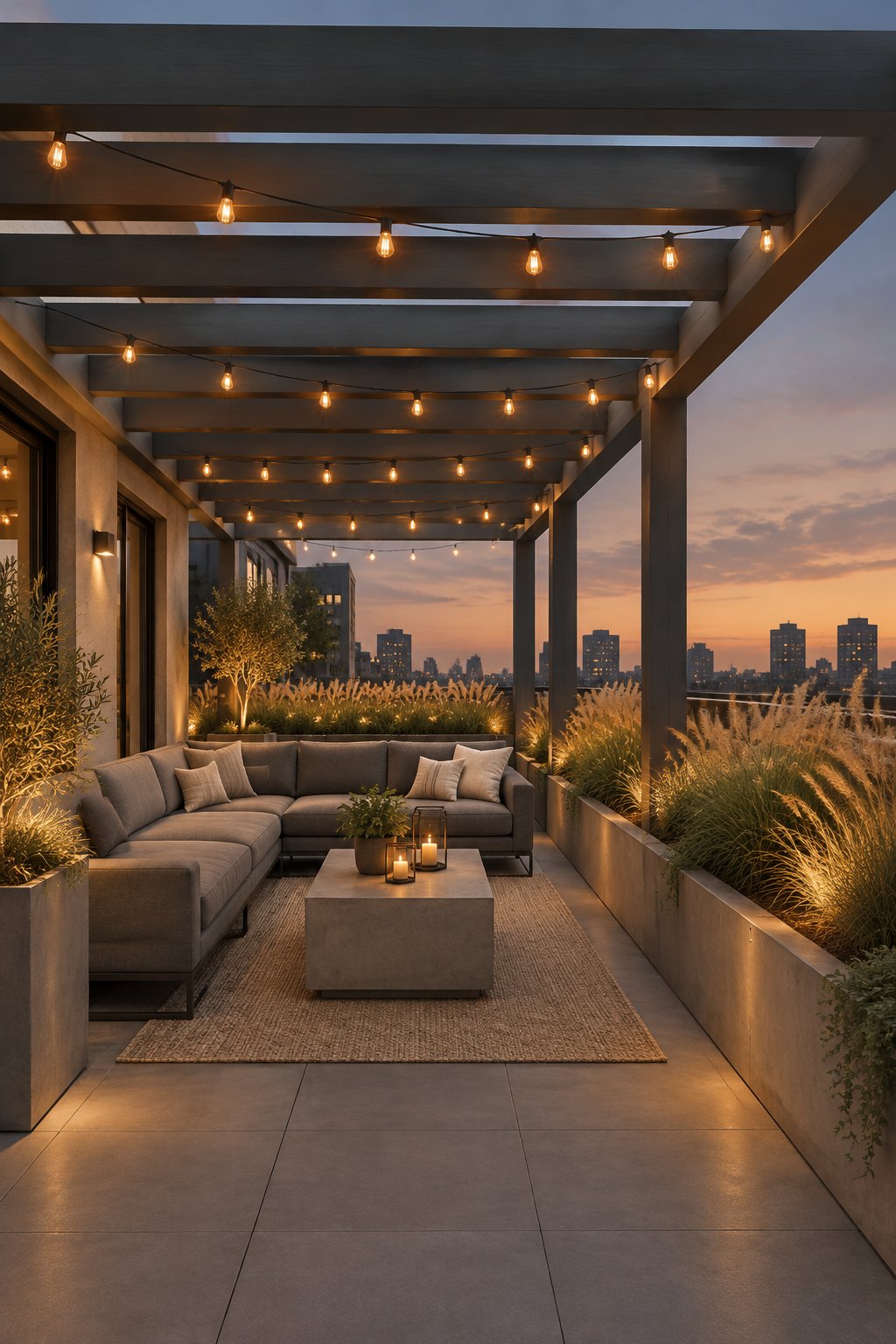 A rooftop terrace with a dark pergola, warm lights, concrete planters, grasses, and gray outdoor sofas.