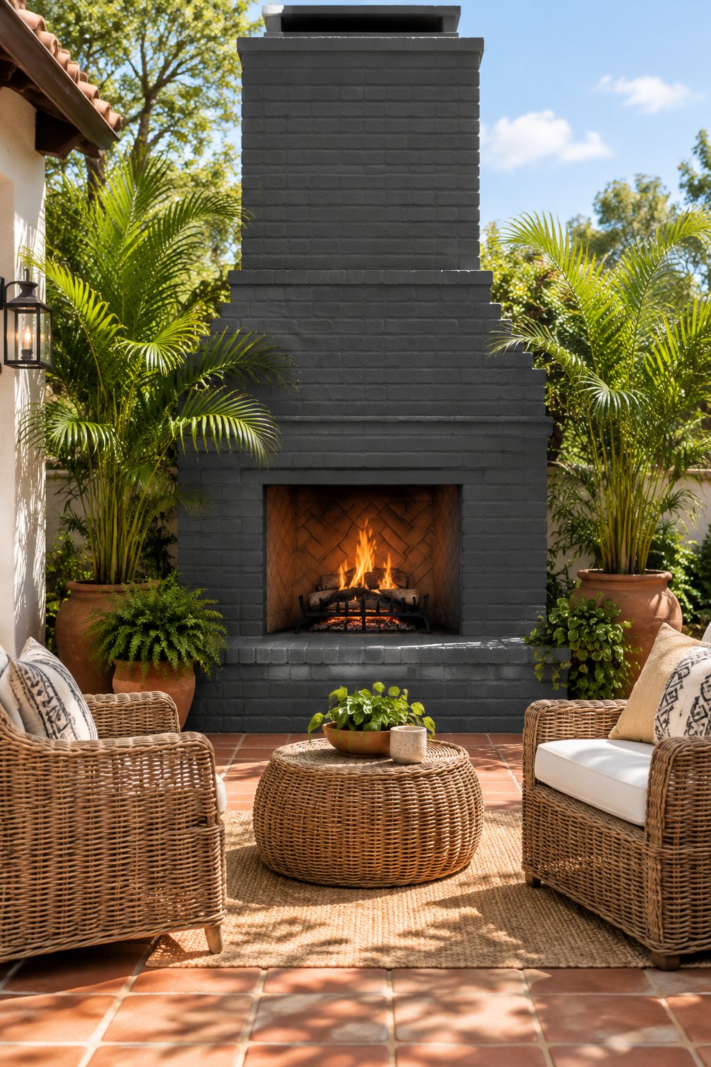A sunny backyard patio with a tall dark fireplace, terracotta tiles, lounge chairs, pillows, and potted palm trees.