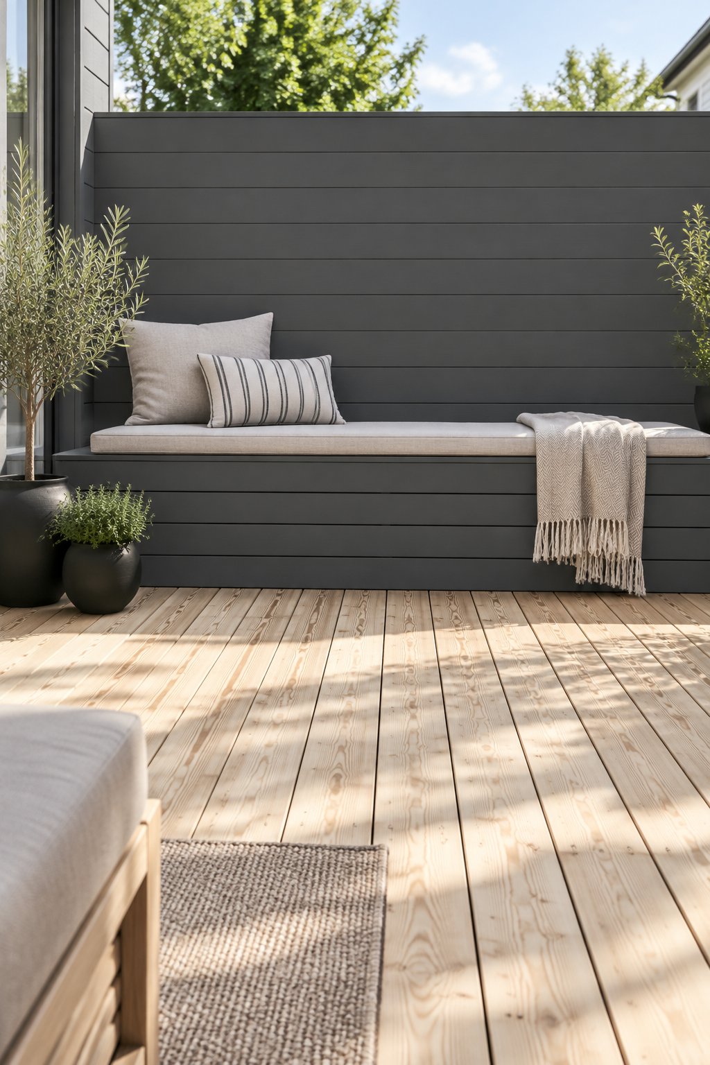 A raised wooden deck with a privacy wall, built-in bench, outdoor cushions, and potted plants.