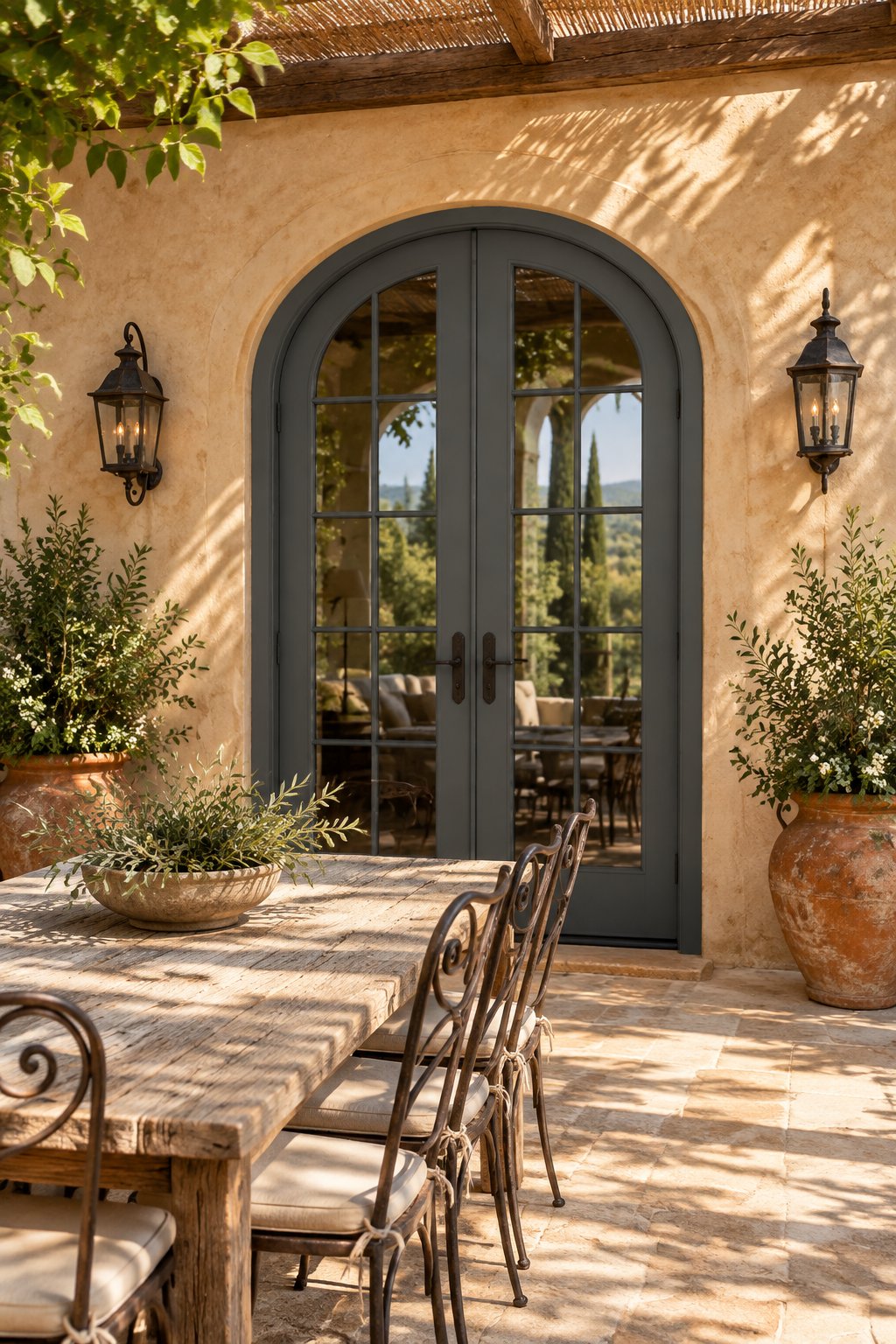 A sunlit Mediterranean villa veranda with arched dark double doors, a wooden dining table, wall sconces, and terracotta planters.
