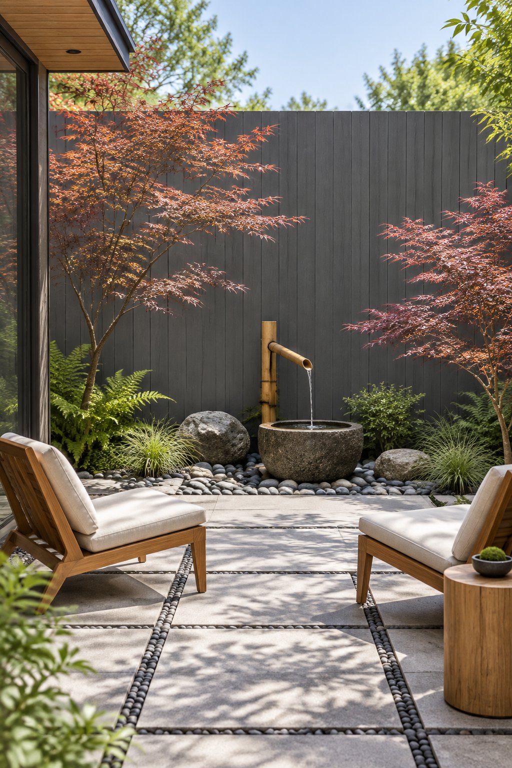 A tranquil courtyard patio with dark vertical panels, a bamboo fountain, river stones, Japanese maple trees, and low lounge chairs in daylight.