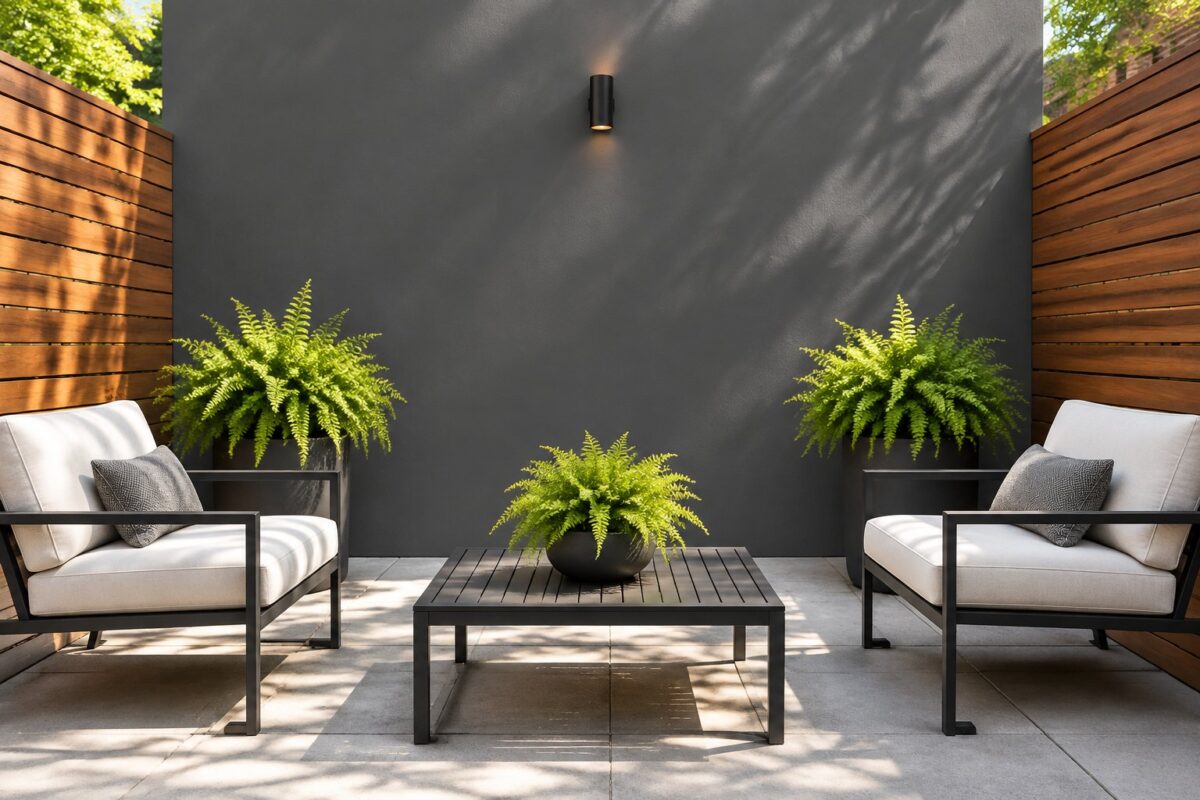 A bright courtyard patio with a dark gray accent wall, wood fencing, black furniture, and chartreuse potted ferns.