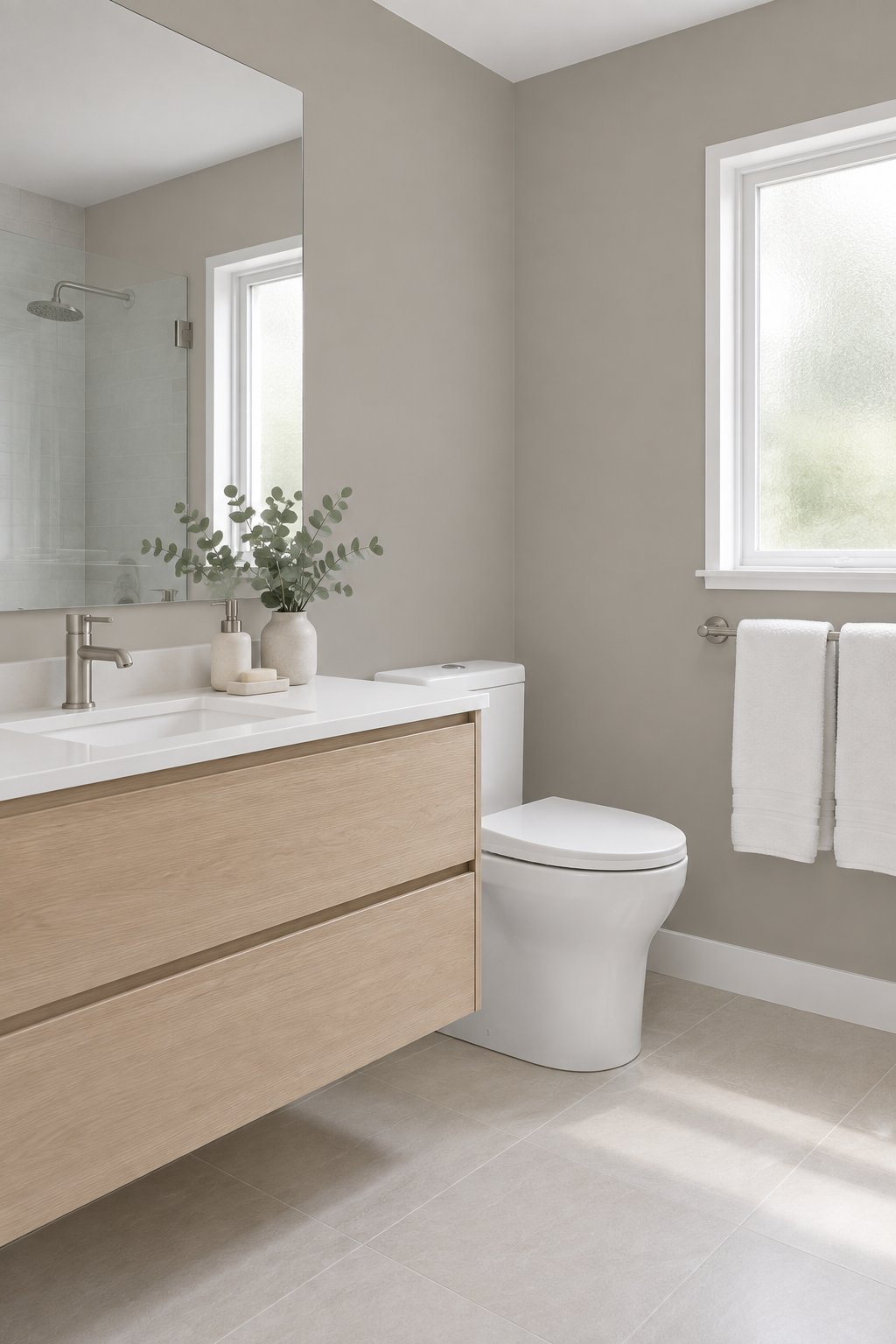 A bright bathroom with warm grey walls, a pale wood floating vanity, a large mirror, white towels, and natural light.